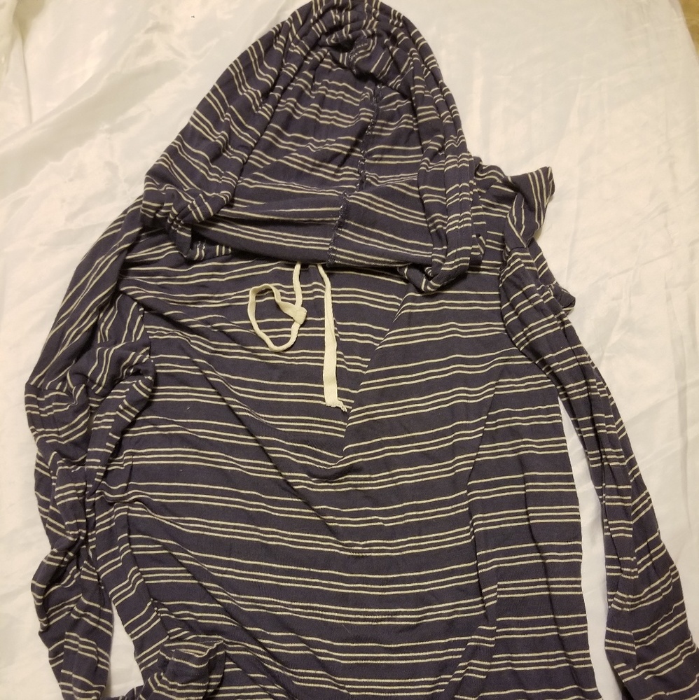 Hooded blue and white striped long sleeve shirt